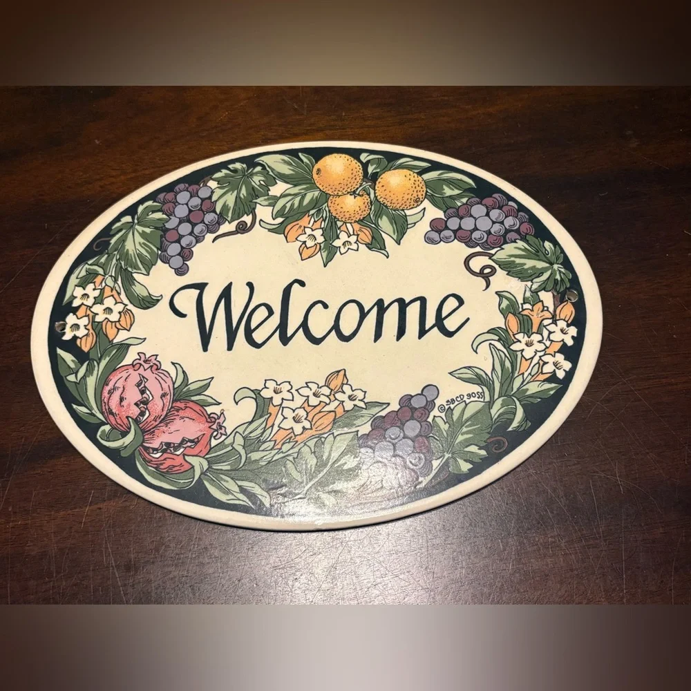 Vintage Trinity Pottery “Welcome” Oval Wall Plaque – Fruit Basket Design